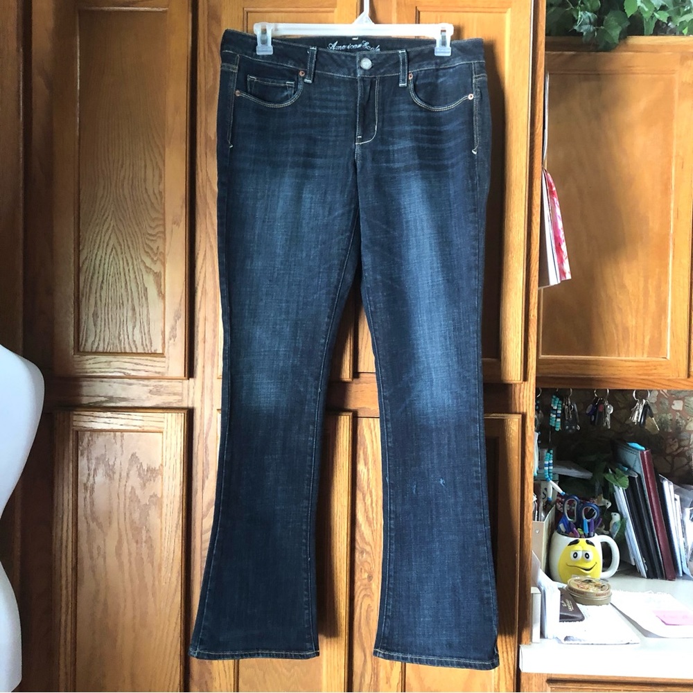 ☂️American Eagle Skinny Kick Jeans Blue Stretch Mid Rise Sequins Size 14